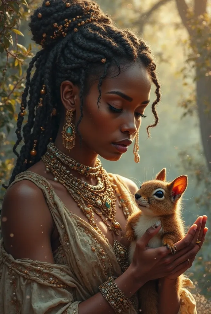 A black woman,holding a squirrel 