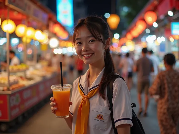 A cute Thai student in a Mahalai uniform, holding a cup of fresh orange smoothie while strolling through a bustling Thai night market, colorful lanterns and neon signs glowing around her, vibrant energy of the crowd and street food stalls filling the scene