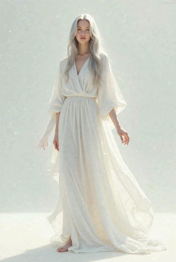 Create a drawing of a woman all dressed in white with bare feet and with long hair half light gray 