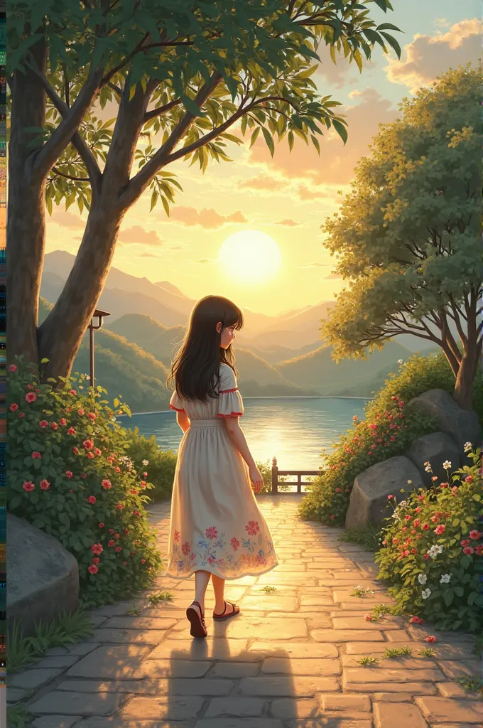 Create an image of a girl who is walking on street with beautiful natural sceneries at sunset time 