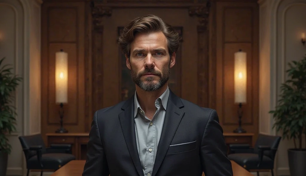 a 32-year-old man,  She has wavy brown hair , blue eyes and a well-groomed beard. He wears a dark suit with a light shirt. His expression is serious and thoughtful. In the background an elegant office