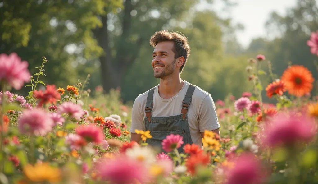  A young man admiring his own flower garden with a satisfied smile.