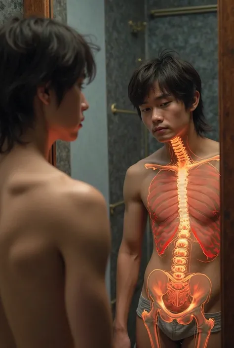 Detailed image of a 6-pack Asian male with mullet hair about 18 years old looking at a mirror with a picture of a person looking in the mirror seeing an immaculate body, bones or organs in a realistic way in detail

