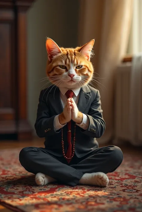 a praying cat dressed in a suit and wearing a creak and sitting cross-legged in a room in the evening and a prayer cat with its hands open with a rosary in its hands, and but the cat is Muslim and there will be no sign of the cross on the back and the cat ...