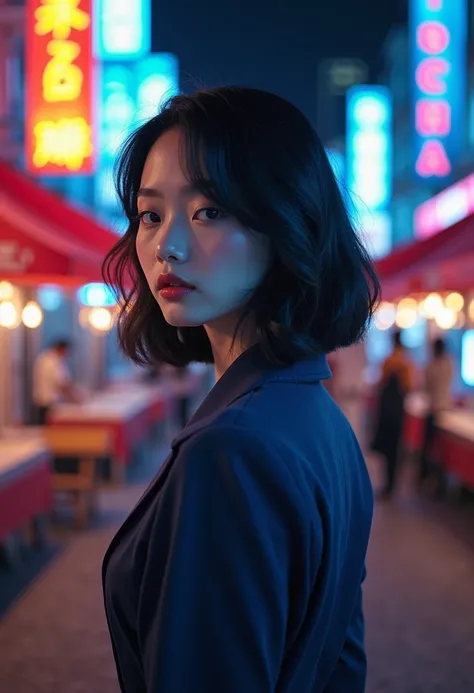 ( Backlight,  pretty woman 1  .1, black hair),A beautiful woman in a dark blue blazer uniform watching a busy street from afar, Surrounded by Many Street Tents , Incredibly beautiful portrait of a girl like a goddess, detailed and beautiful face,  Porcelai...