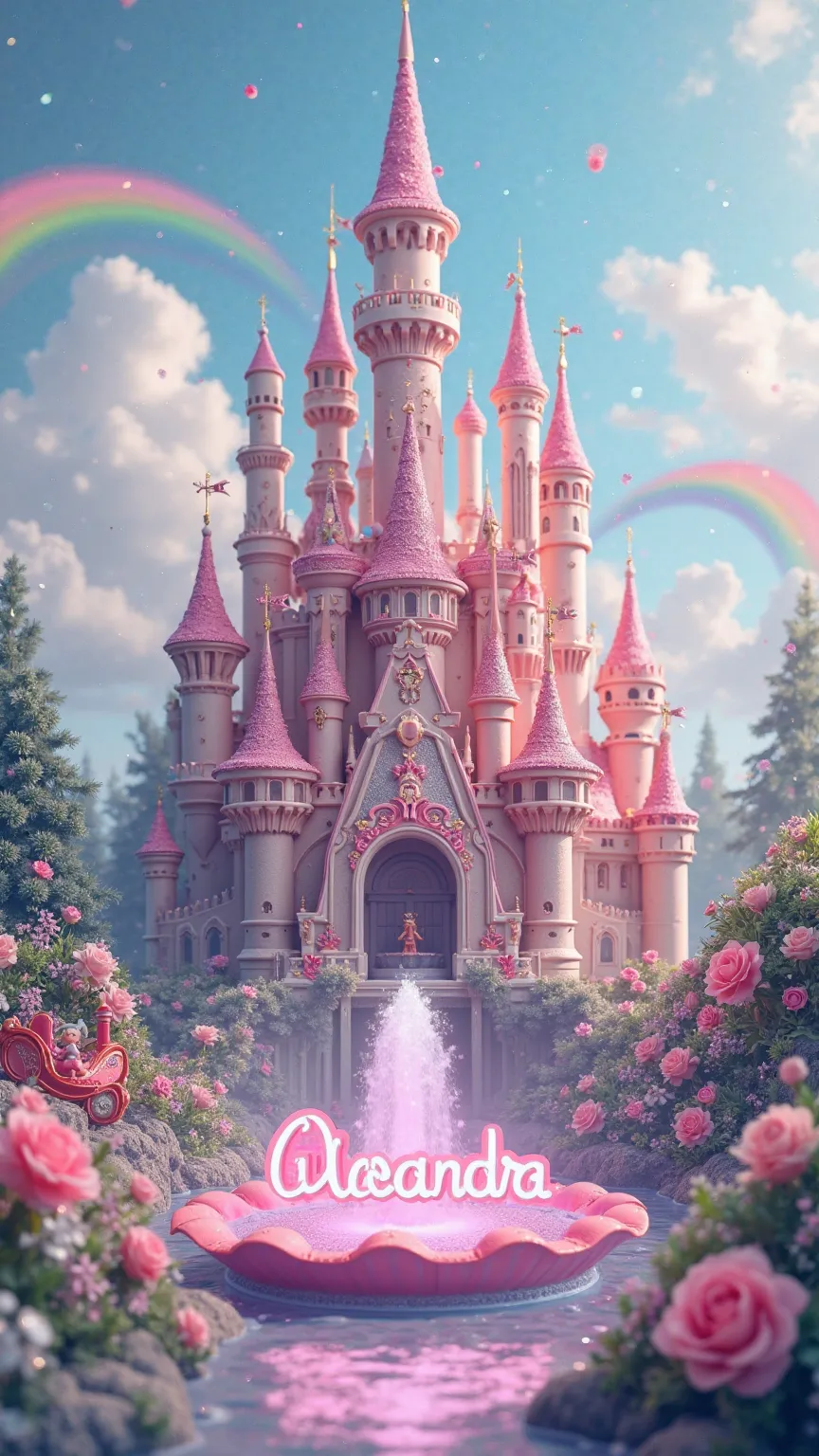 An enchanted castle surrounded by a sky full of rainbows and soft, bright clouds.  in the middle , the name 'Alexandra' shines in a bright pink and silver fountain. Surrounding it are princess toys, magic wands, elegant carriages and little fairies that sc...