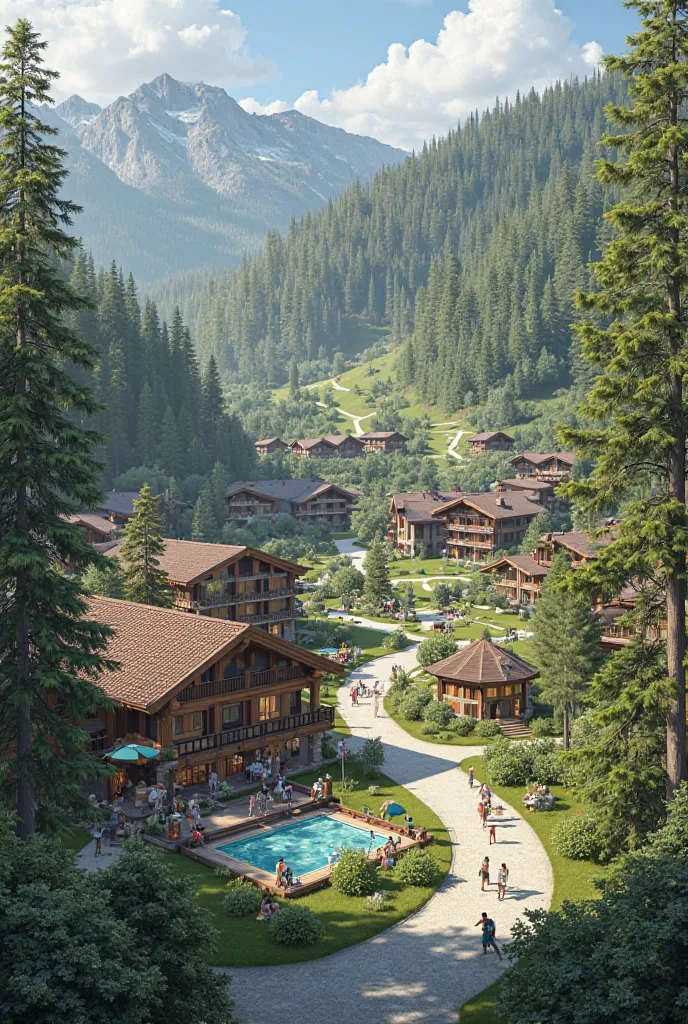 An image of chalets in a rustic park with trails and sports areas with pools and kiosks