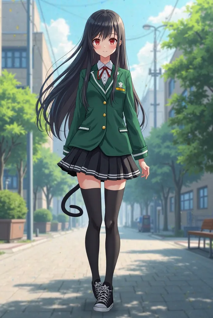 an 18-year-old girl with long black hair,Fair skin in red eyes, in、with a green uniform、was wearing a black skirt with a white line on the hem。, black thigh-length stockings and black sneakers、and long monkey tail ( Anime version )


