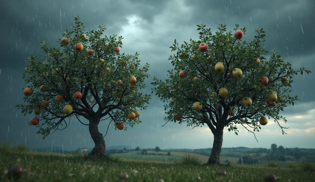 "Two trees, one apple tree and one pear tree, swaying violently in a strong storm. The dark sky looms overhead, and heavy winds bend the trees slightly as a few apples and pears fall to the ground. Raindrops can be seen in the air, and the atmosphere feels...