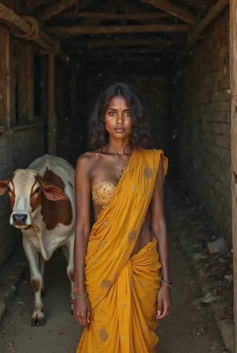 photo of a Beautiful Indian Woman with white Skin, Wearing a low cut yellow saree without blouse navel exposed and is inside a barn, she's tired and her saree is torn,there's a calf behind her