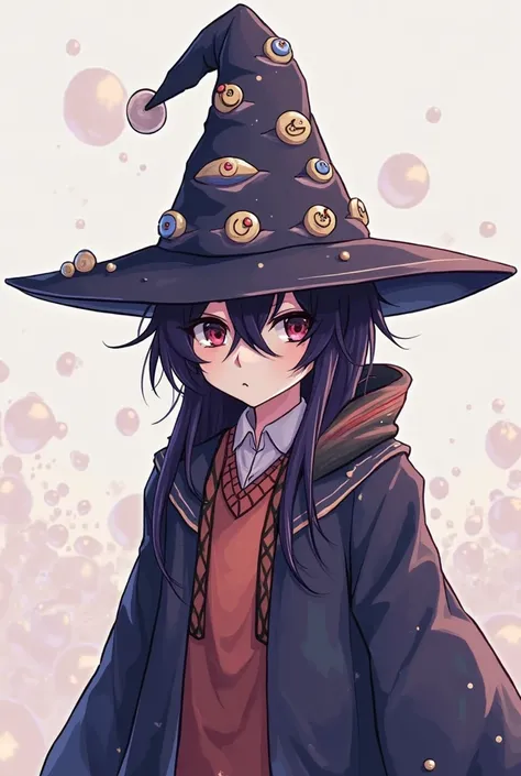 Make me an anime version of an old roblox character with an overwizard hat but without a face make it simple to put it in the extra accessory The overwizard hat will have 7 eyes on the overwizard hat and not on the face send it as an anime drawing