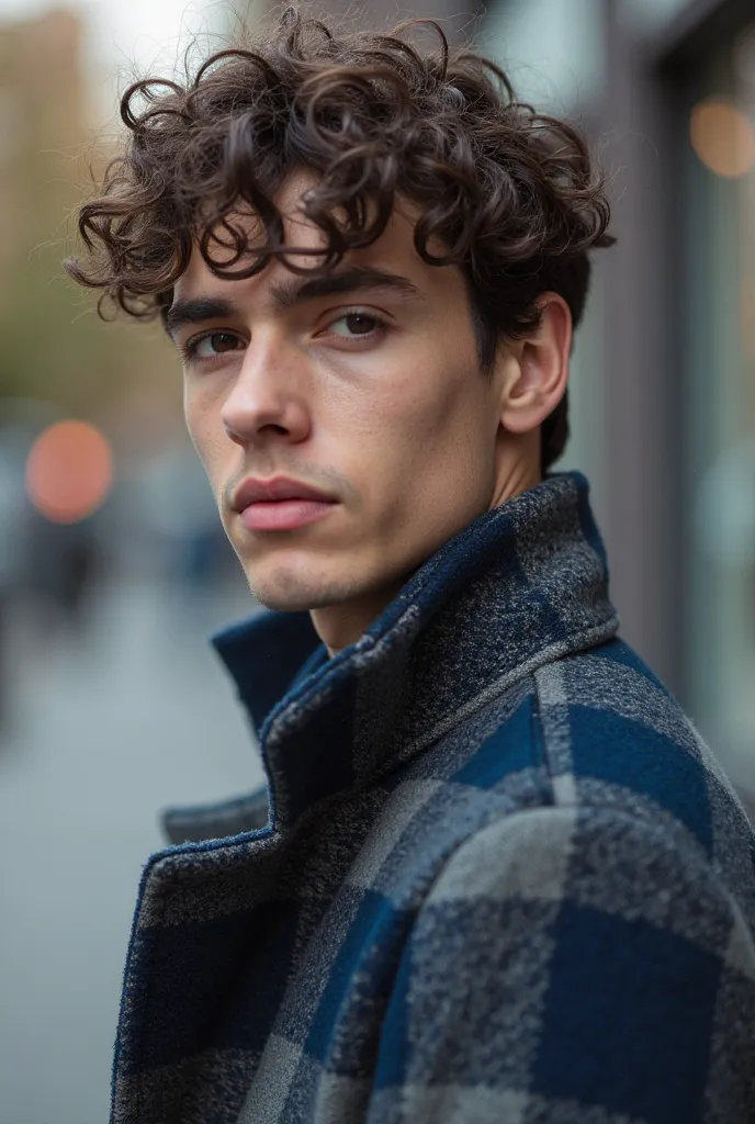  boy, , profile picture, medium curly hair, stylish, blue and gray plaid shirt