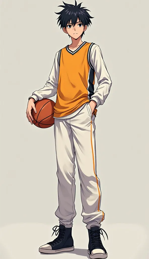 A Fullbody Picture of a 10 feet Tall short dark black Haired Dark black eyed anime boy wearing a long white sleeve shirt with a basketball jersey over shirt, Long legs, white long Pants, black hightop shoes, basketball player boy,10 Feet Tall basketball pl...