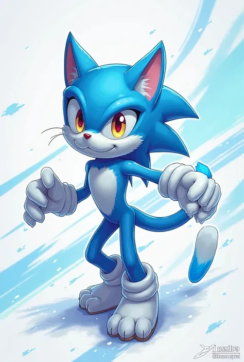 A cat with light blue and white colors in the style of Sonic