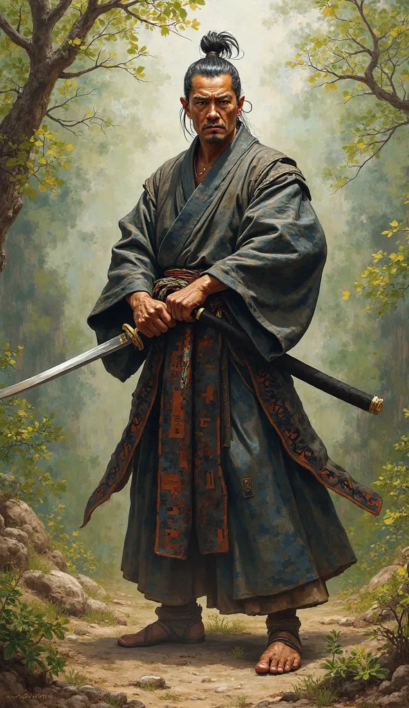 Oil painting of miyamoto musashi with his sword in a ground