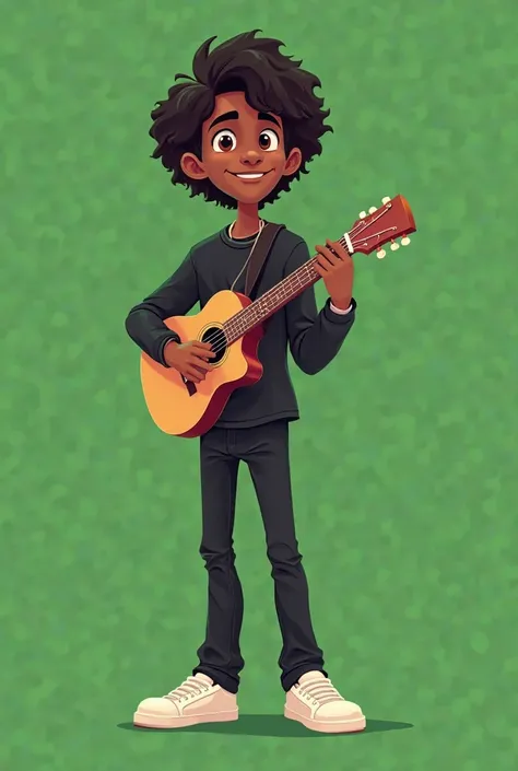 An animation of a Christian male character of 1,85 meters of normal physical height
With a guitar of indigenous descent wavy hair short 23-year-old black long sleeve shirt, black pants and white sneakers.
Brown eyes on a green background, chocolate-colored...