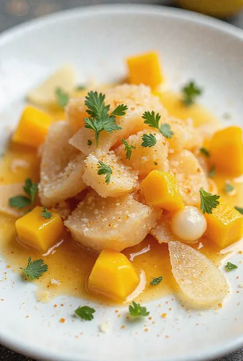 Parmesan cheese ceviche with mango