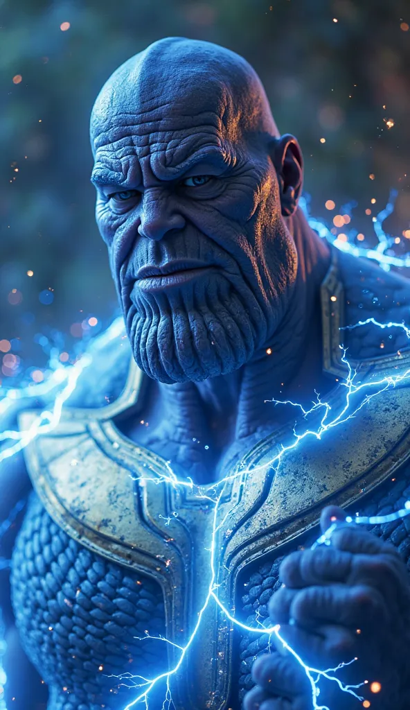 A cinematic close-up of Thanos struggling against the glowing blue electric web. His muscles tense as he tries to move, but sparks fly around him, keeping him paralyzed. His face shows a mix of rage and disbelief.

