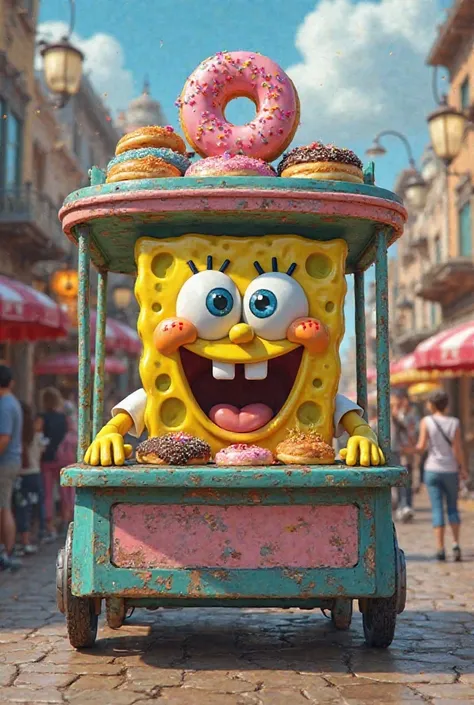 SpongeBob logo on a donut cart 