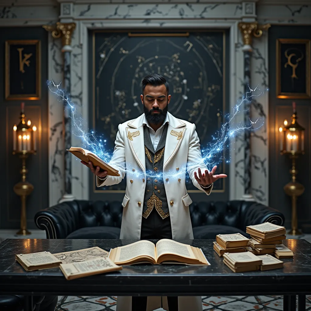 In a luxurious study room inside a grand black-and-white themed mansion, a 30-year-old brown man stands out in the center of the scene. Charismatic and self-confident, He wears an elegant white coat adorned with gold details, contrasting with the monochrom...