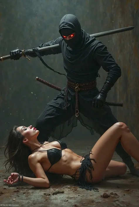 CREATE AN IMAGE IN WHICH A NINJA WOMAN DRESSED ALL IN BLACK WITH A MASK THAT ONLY SHOWS HER EYES IS FIGHTING AGAINST A FAIRLY FAT FEMALE DANCER AND WITH A VERY SHORT TOP AND A SKIRT THAT IS TOO SMALL ARE ENEMIES, THE NINJA DEFEATED HER SHE WAS LYING ON THE...