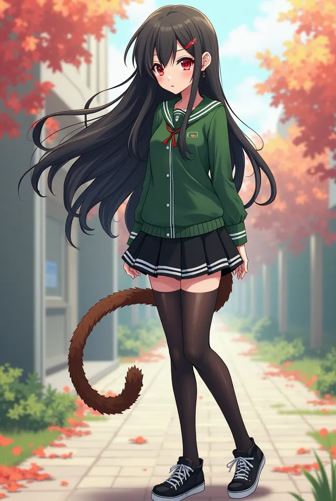 an 18 year old girl with long black hair around her waist in、,Fair skin in red eyes, in、with a green uniform、was wearing a black skirt with a white line on the hem。, black thigh-length stockings and black sneakers、And a long brown monkey tail ( Anime versi...