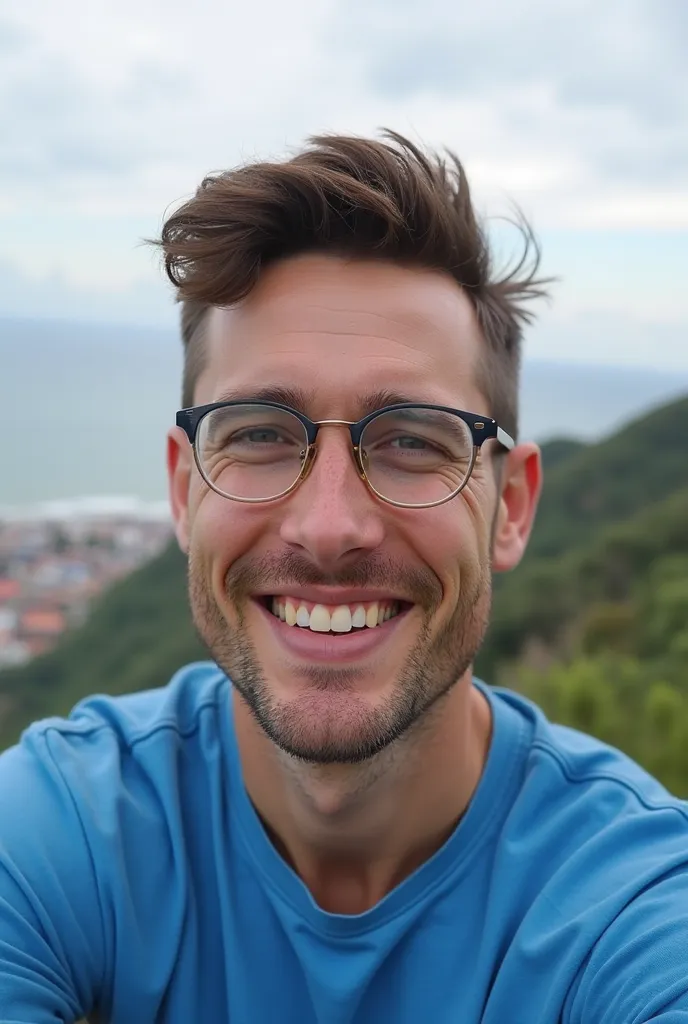 A man white man, with blue shirt, with hair in the tuft style,  The hair color is dark brown , with square glasses in the color transparent, with a landscape background in a beautiful city in Maceio Brazil, photo size 1:1