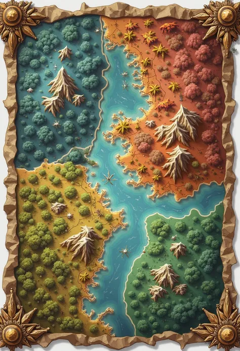 Create an image A map of a fictional world with five clearly delimited regions: On,  north , It is, West and Central. Each region has a different color to visually differentiate them. The map has an epic style with an aged scroll texture and details such a...