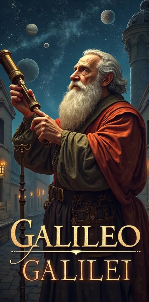 An artistic and dramatic digital illustration of Galileo Galilei, the famous astronomer and physicist. He is depicted as an elderly man with a long beard, wearing Renaissance-era clothing. He holds a telescope in one hand while pointing towards the night s...