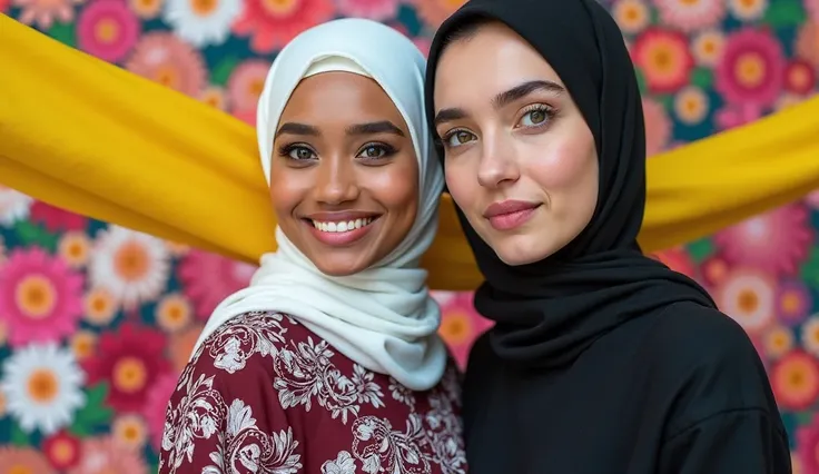 Image is a digitally composed photograph featuring two women The primary subject is a woman with a light brown skin tone, wearing a white hijab and a maroon dress with intricate white floral patterns. She has a warm smile and is positioned slightly to the ...