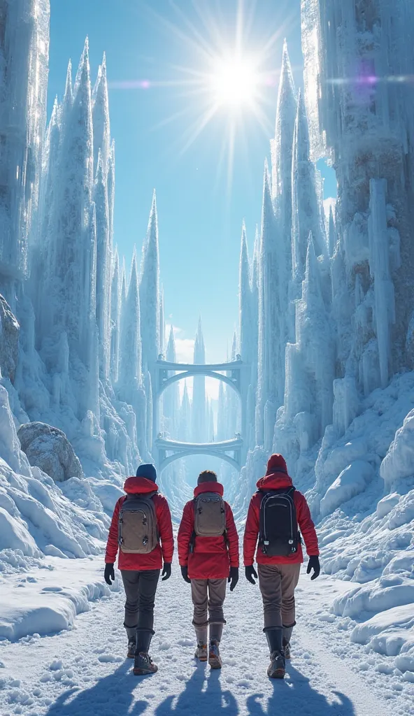 The sun shines brightly on the horizon when, out of nowhere , a gigantic ice city rises before them. Crystal towers rise like skyscrapers, connected by translucent floating bridges. Sunlight crosses structures, creating blue and purple reflections on the g...