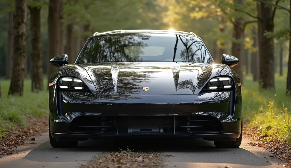 A cinematic photo of the front side view of the 2026 porsche 12 in black shinning colour. The car has a sleek, modern, luxurious look with a sporty exterior design. The headlights are sleek and the car is slightly down to the ground. The background is natu...