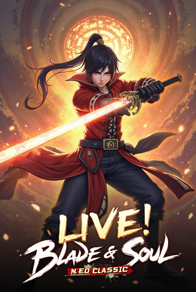 Crie uma thumbnail chamativa para uma live de Blade & Soul Neo Classic in 1280x720. The image should feature a stylish warrior wielding a shining sword., resolution with an epic oriental fantasy background. The character must be in a dynamic pose,  ready f...