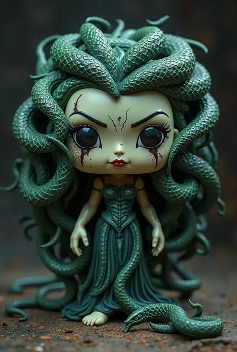 Make a Medusa stylized in the Funko Pop style, but with a more menacing design.