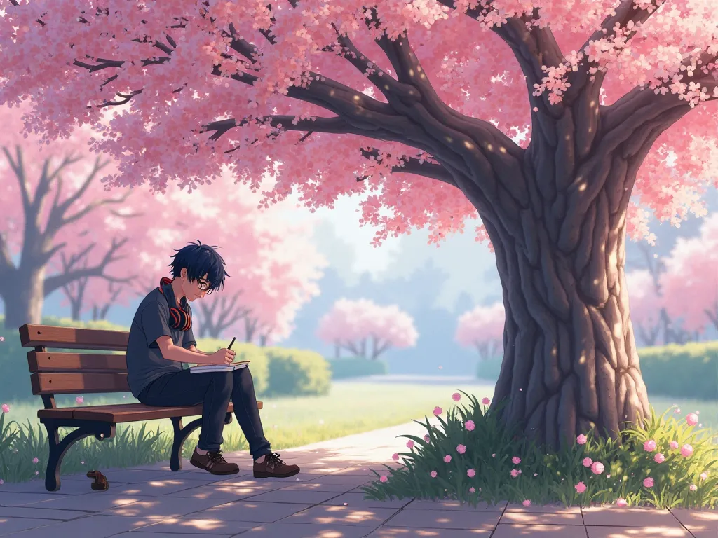 In a quiet, shady spot under a cherry blossom tree, a young man sits alone, scribbling in a notebook. This is REON SUIGETSU, a reserved and socially awkward literature major. He has slightly messy dark hair, wears glasses, and always has his headphones aro...