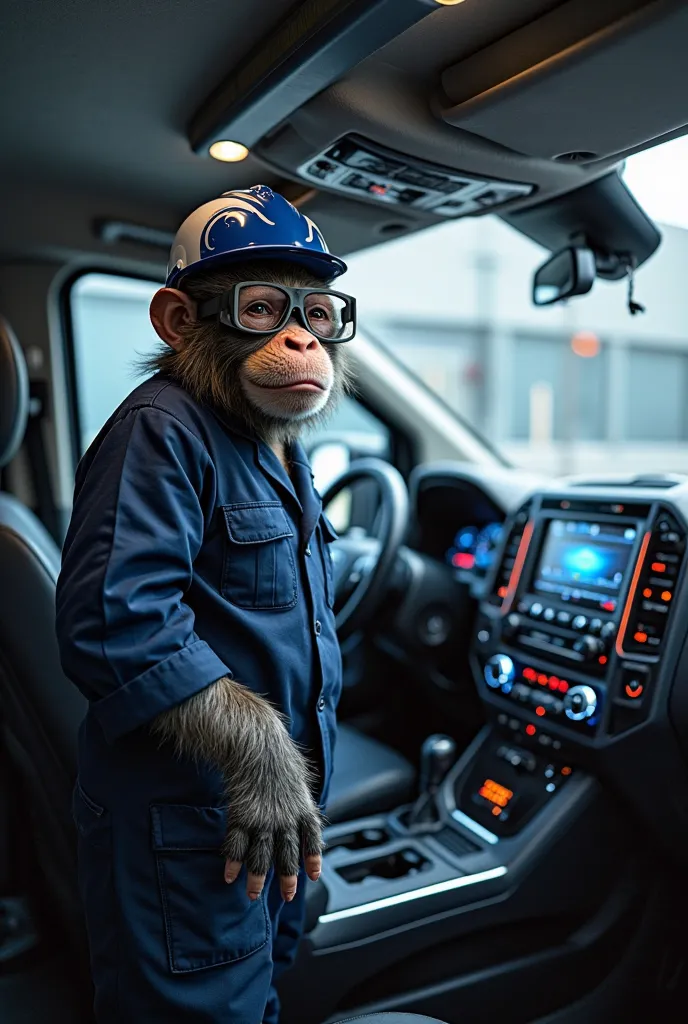 A monkey dressed as an engineer (Mandil, safety glasses and helmet) approaches the camera with a professional attitude.Max shows the touchscreen and advanced controls inside a Ford van