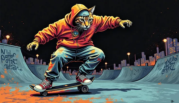 Textured matte art in 2D vector style, centered black background like a t-shirt design (1.4), spray painted bengal cat in hip-hop outfit (1.4), oversized baggy jacket with graffiti tags (1.3), loose pants, chunky sneakers, sideways cap, performing dynamic ...