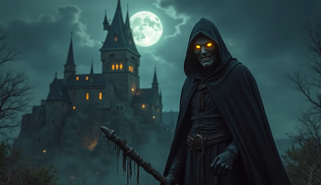 Cinematic Style
A moonlit castle under siege. The sky is dark with storm clouds, the wicked sorcerer (tall and gaunt old, His big eyes burn with an eerie yellow glow, and his long head is covered with a black tall hood. He wears a black. clutch and an anci...