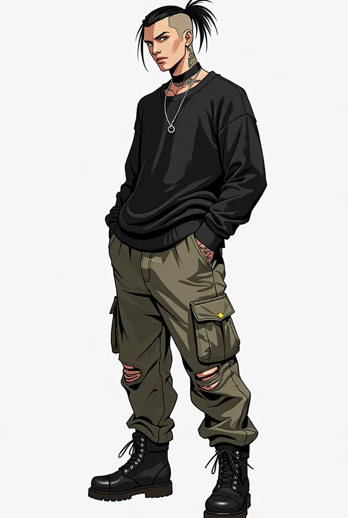   adult male, full body, short black hair tied in a ponytail, shaved head, yellow eyes, lower lip piercing. cargo pants, torn black sweater, tattooed black collar, boots, tattooed black arms, digital drawing style