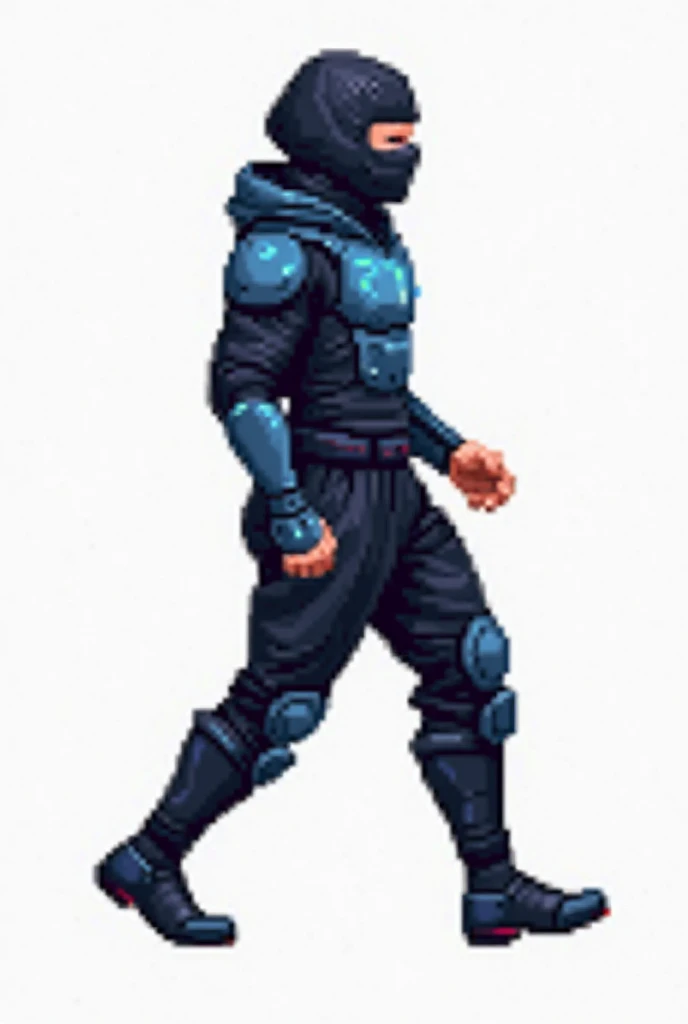 A 2D pixel art cyberpunk ninja warrior viewed from the side. The character is wearing a sleek black and blue armored suit with a high-tech mask. His body is in a walking stance with one leg forward and the other back, creating a walking animation. The char...