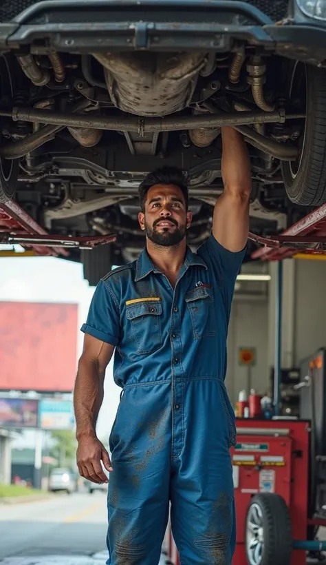 create a realistic image of a strong man, wearing a blue mechanic's jumpsuit and apparently dirty with grease, is under a car. It is noted that the car is on a mechanical services lift inside a mechanic's shop. It is noted through the gate of the premises ...