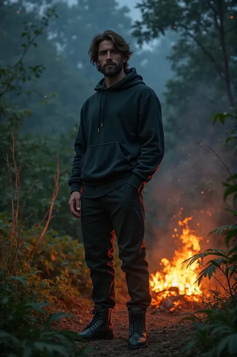 Make a pic of 18 Year boy with Hair and beared In Night fire pic Best nature with Black trouser or black huddy Wearing shoes with half so back pic