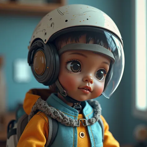 A mixed-race African American LITTLE GIG doll boy WHO WORE A VIRTUAL HELMET IN A SETTING and who has a virtual AI screen IN FRONT OF HIM THAT he uses to generate images with the AI OF THE FUTURE 3D version