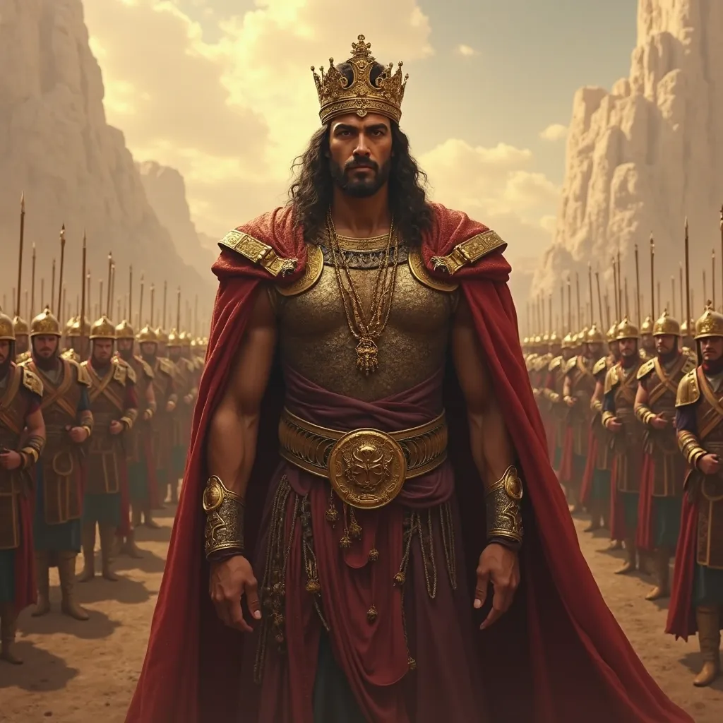 draw Xerxes the great, wearing a golden crown, standing in front of the Persian army. Soldiers can be seen in the background.