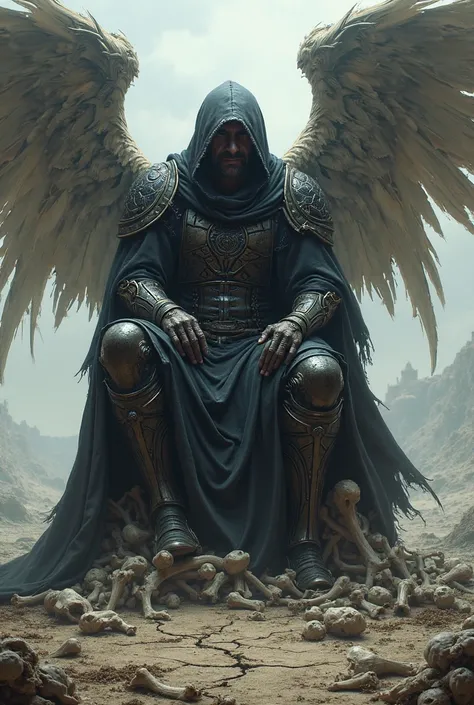 Generate an Angel Warrior who wears black and has a hood over his head. He sits on a throne made of bones through a wasteland. Make him look tired.