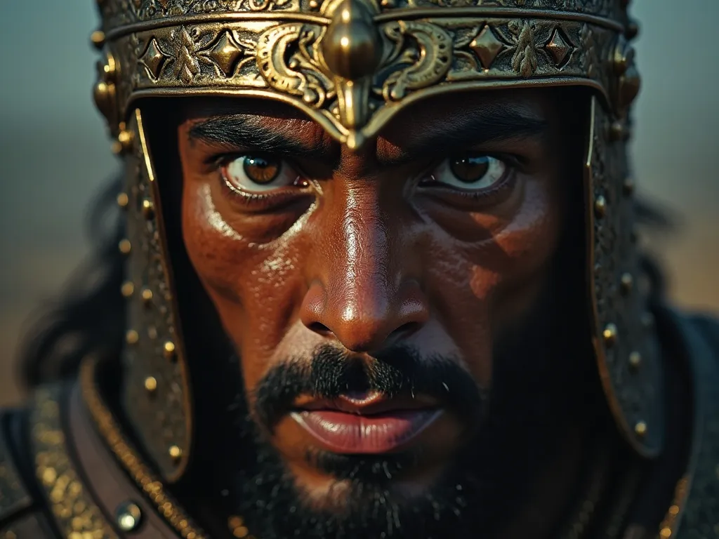 Persian warrior's close-up face: Terrified warrior, extreme close-up, wide-open eyes, massive shadow reflection in pupils, sweat on tanned skin, dramatic lighting, cinematic shot, ultra-realistic, high detail, tense expression, dark and foggy battlefield, ...