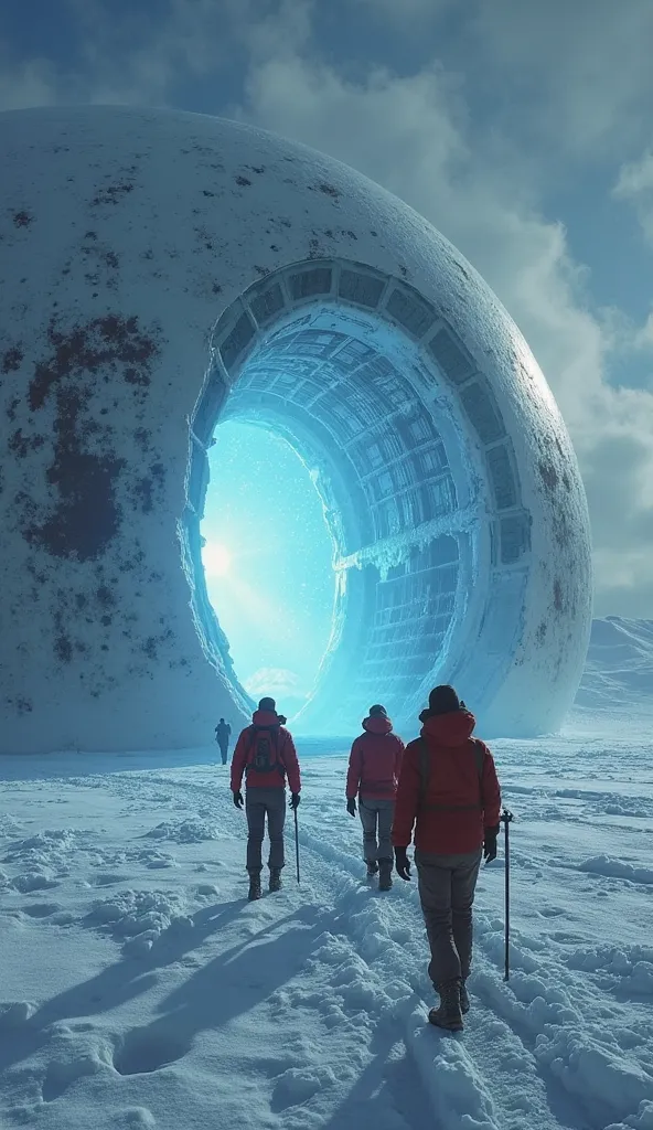 After hours of walking, they find the huge flying saucer they had seen in the sky, landed on a crystalline ice surface. Its structure is polished, without a single scratch, and emits a faint blue glow. The gate is open. The three explorers, with red jacket...