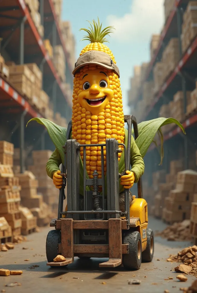 Corncob man driving forklift