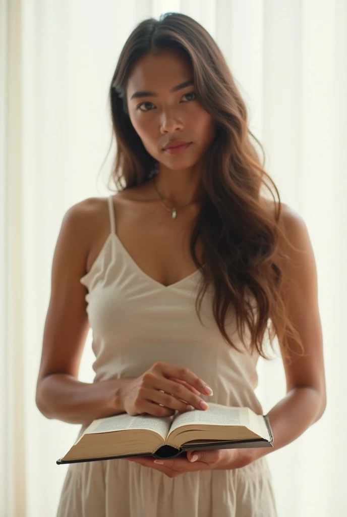 A woman standing, holding an open Bible, with a clean and minimalistic style. She has Indigenous skin and long, flowing hair. She is positioned at a distance, so her face is not visible, focusing on her serene posture and the presence of the Bible in her h...