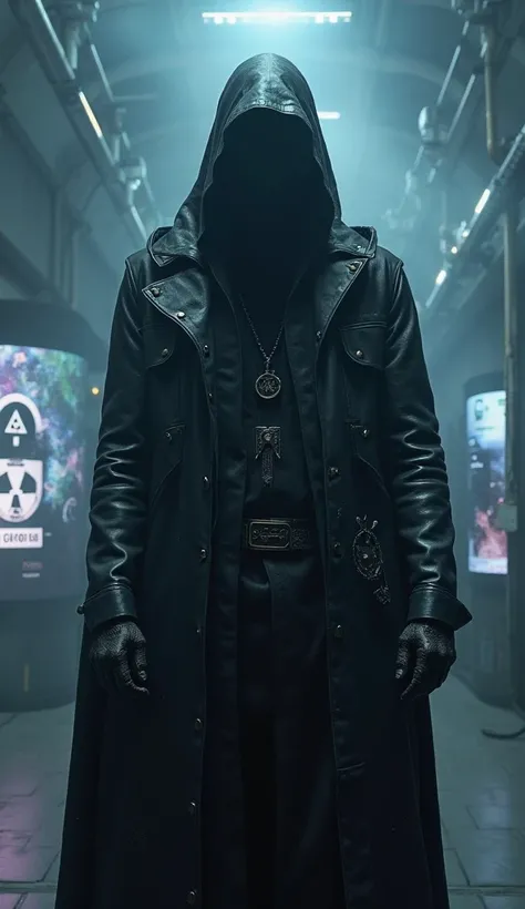 
An enigmatic character wearing a deep black hood that covers almost his entire face, leaving only a shadow where the eyes would be. The silhouette is imposing, with a leather jacket or long cape, full of subtle details that recall hidden symbols, and also...